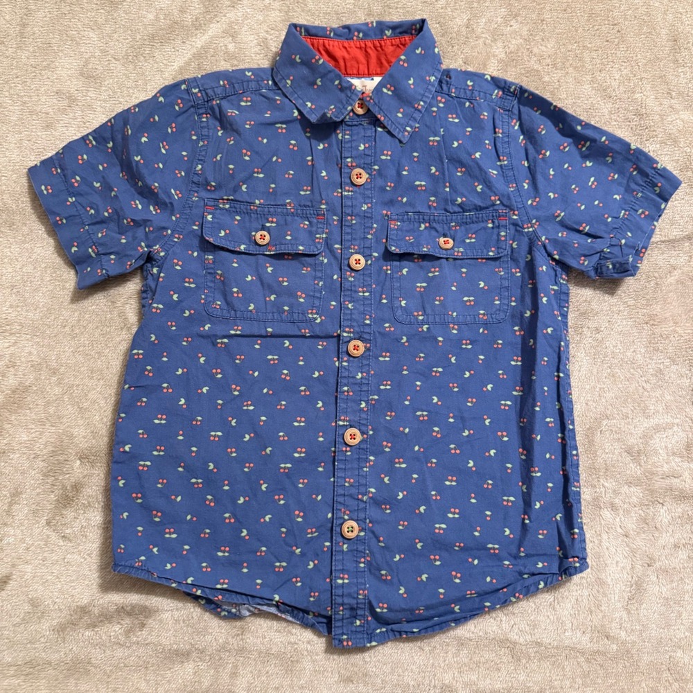 Matilda Jane Boys Blue Cherry Print Short Sleeve Button Down Shirt Size 4 27805T